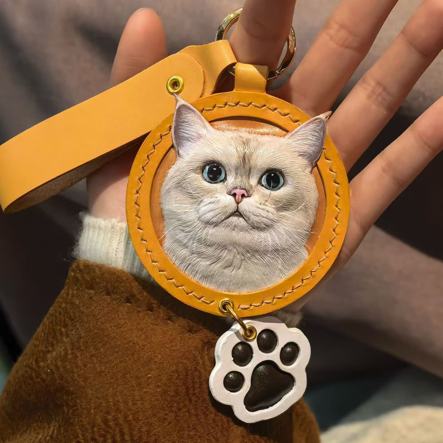Round handcrafted custom pet leather carving