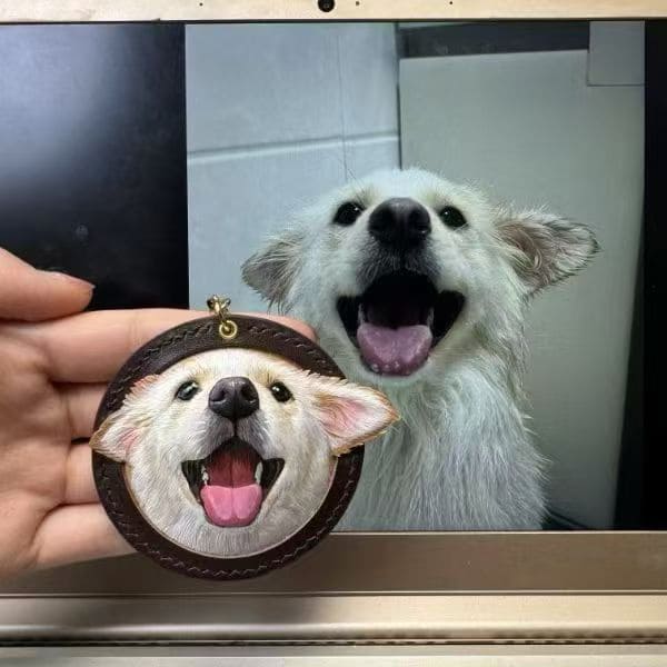 Round handcrafted custom pet leather carving